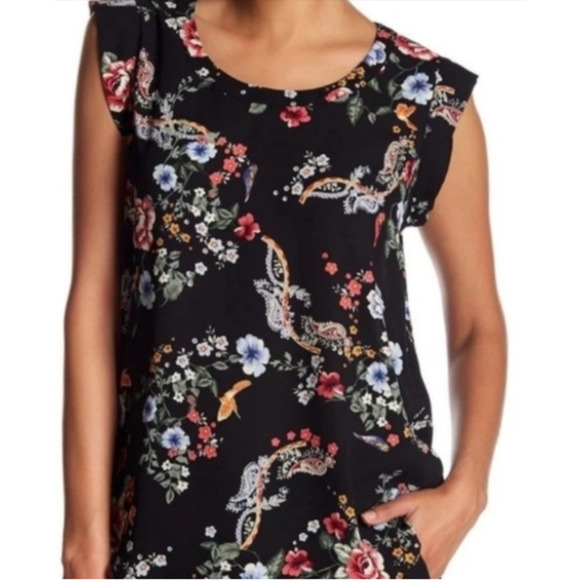 Pleione Black Floral Sleeveless Blouse Size Small 2-8 Pleated Bohemian - Picture 1 of 4